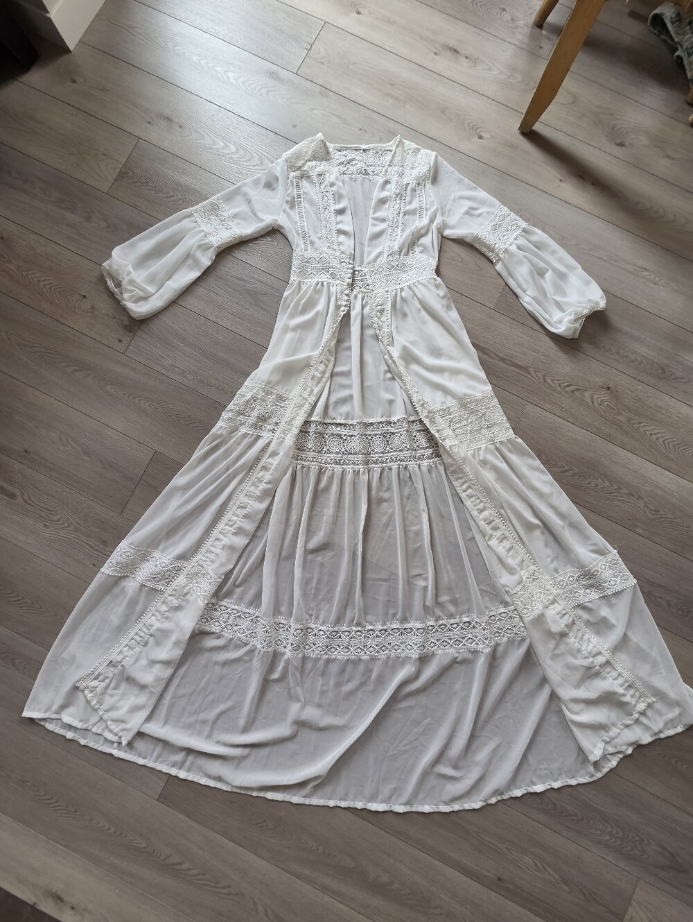 Boho White Lace Maxi Dress Duster Cardigan Long Sleeve Bridal Coverup Robe